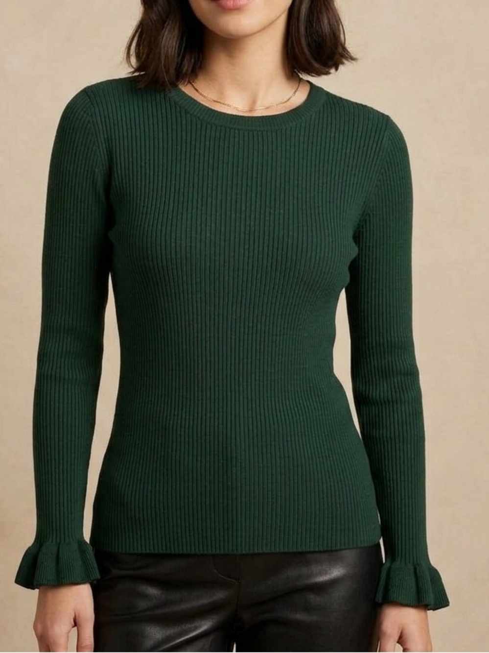NWT Tahari Forest Green Ribbed Long-Sleeve Top